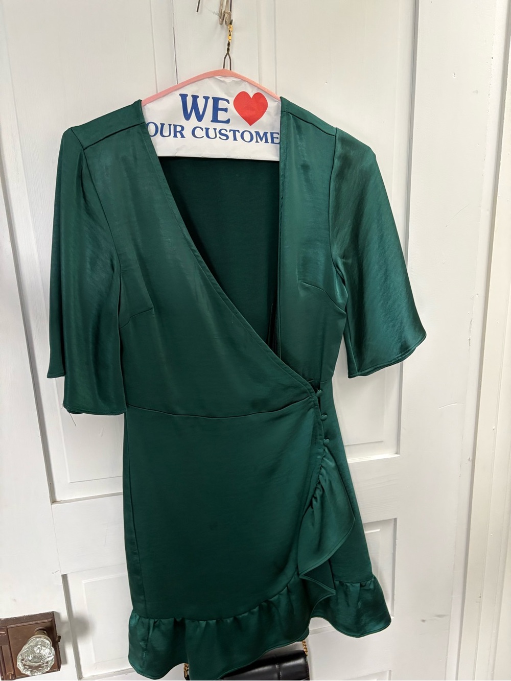 Lulu's Deep Green Satin Wrap Mini Dress
